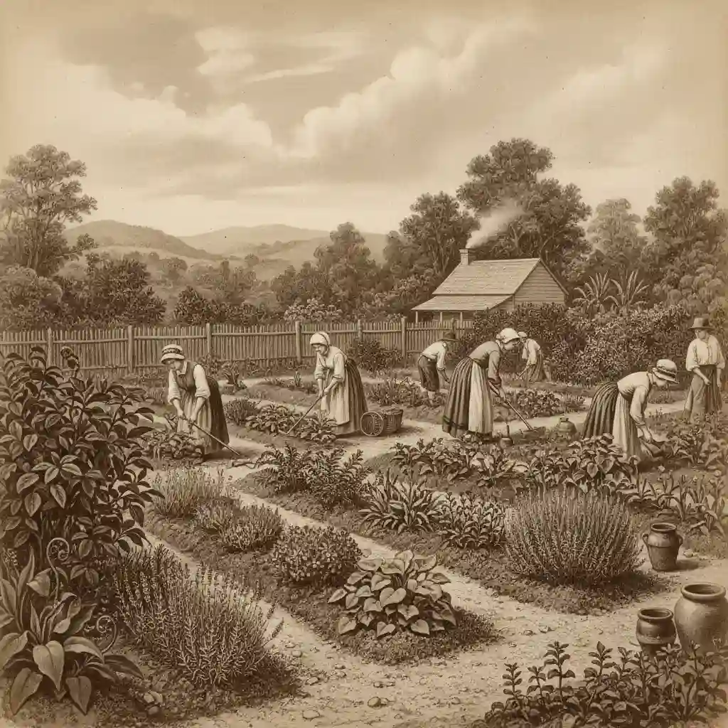 Historical depiction of early herbal medicine gardens in New Zealand