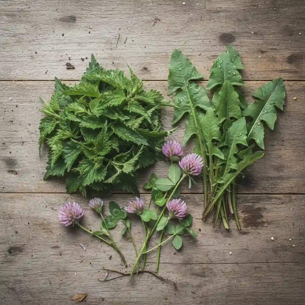 Fresh nutrient-dense herbs including nettle and dandelion