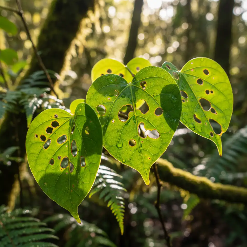 Kawakawa leaves showing insect damage which indicates potency