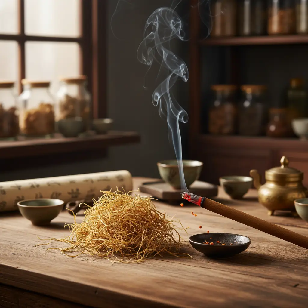 Dried moxa wool and moxa sticks used for heat therapy