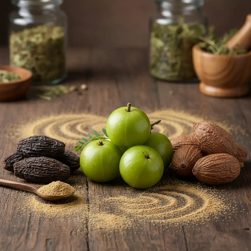 The three fruits of Triphala: Amla, Bibhitaki, and Haritaki