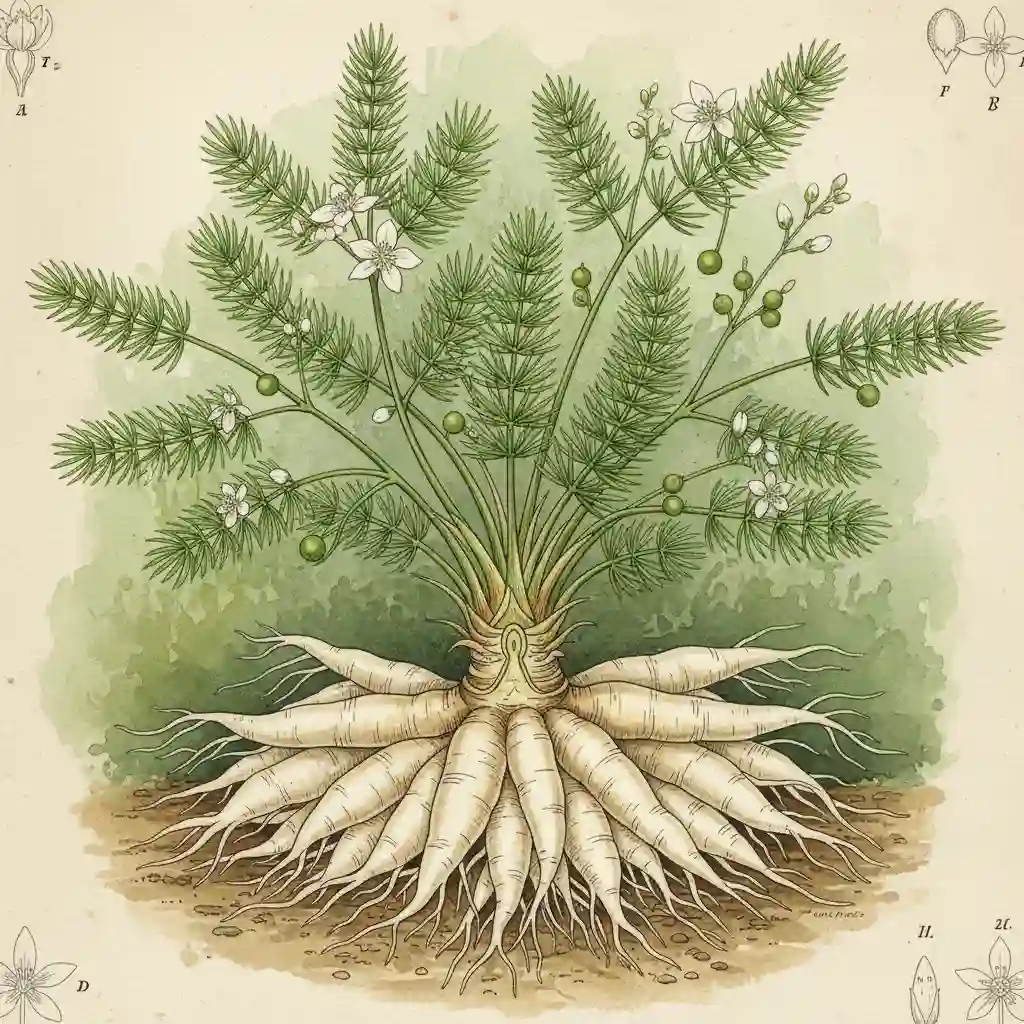 Botanical illustration of Shatavari roots and leaves