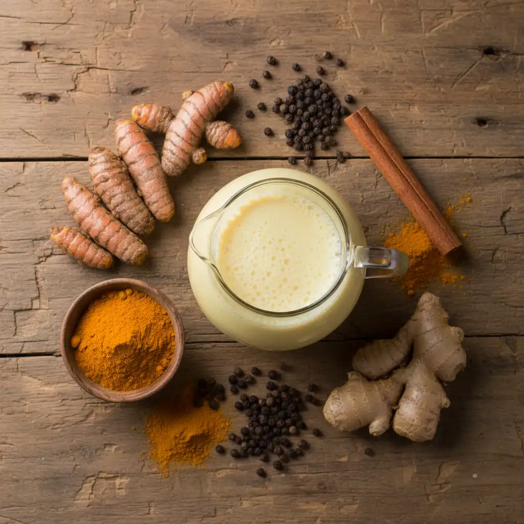 Ingredients for golden milk including turmeric, black pepper, and ginger