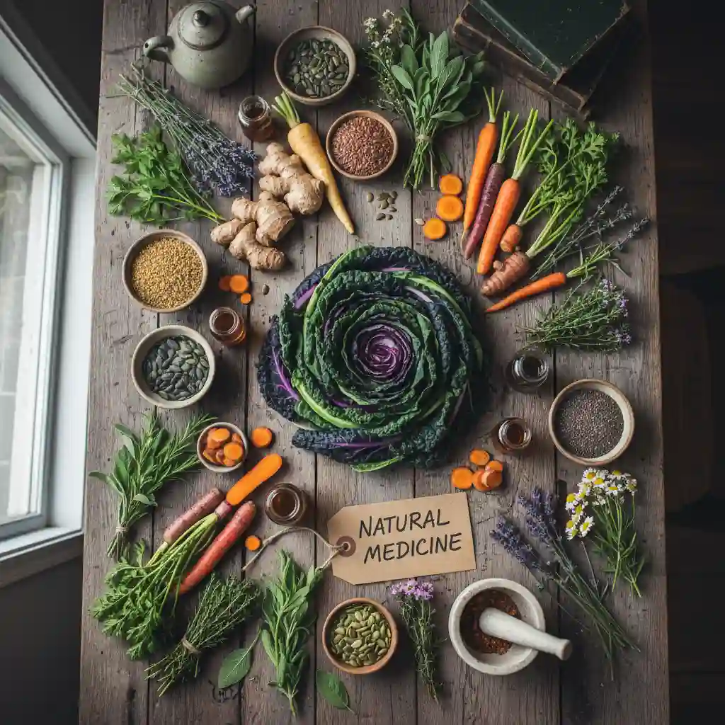 Assortment of whole foods and herbs representing naturopathic nutrition