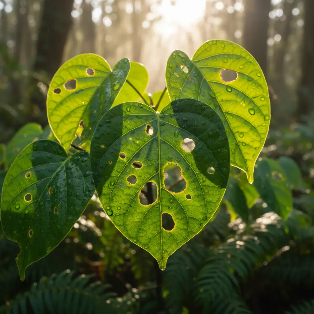 Kawakawa leaves showing characteristic looper moth holes