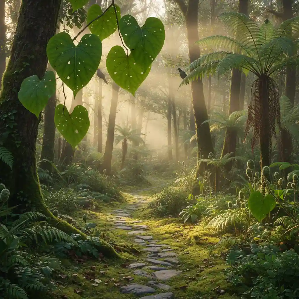 New Zealand native forest with Kawakawa plants