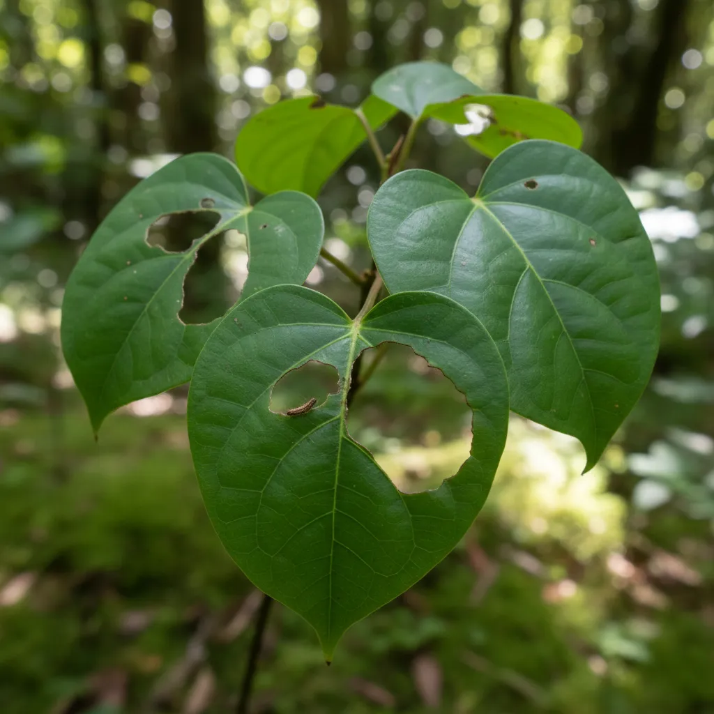Kawakawa leaves showing characteristic holes from looper moth feeding