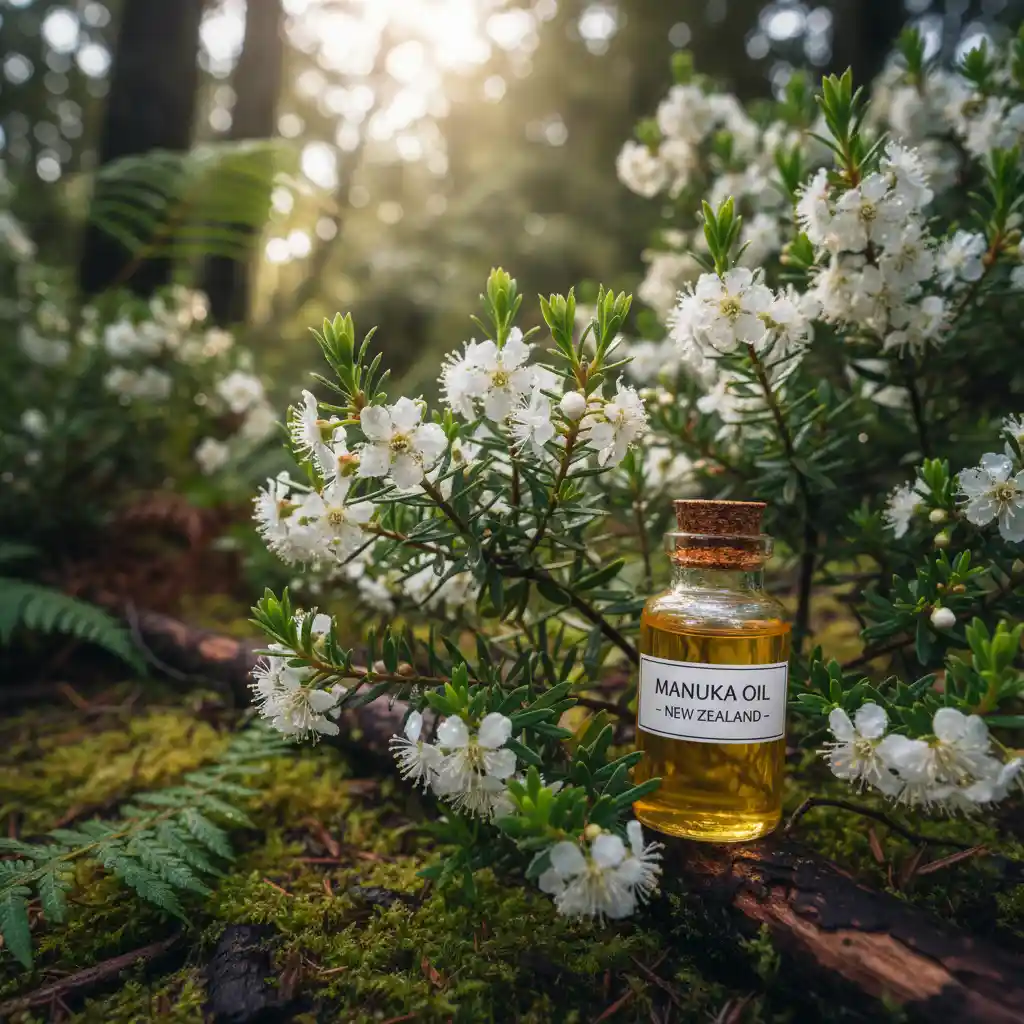Manuka leaves and essential oil bottle in nature