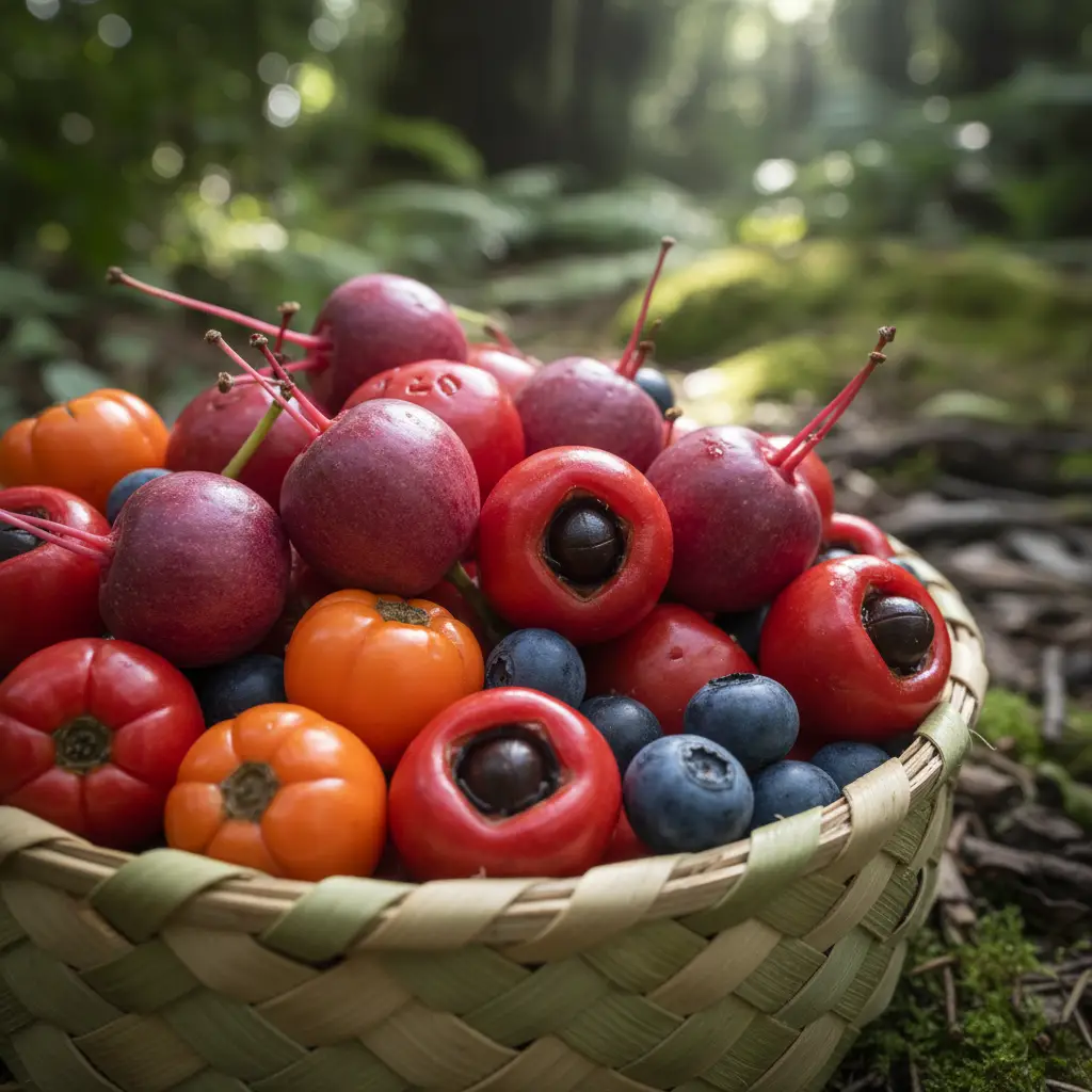 Assortment of fresh New Zealand native berries in a kete