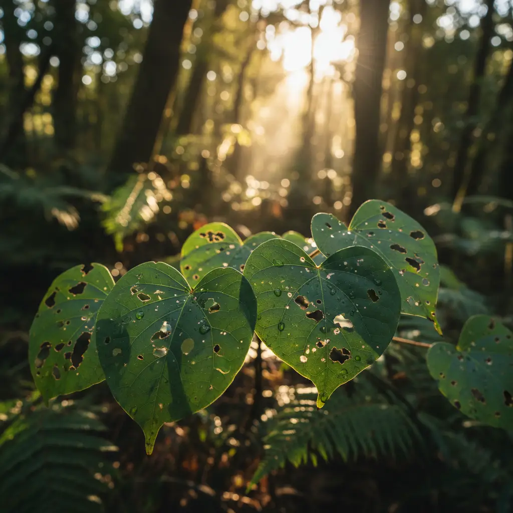 New Zealand native Kawakawa leaves in a native forest setting