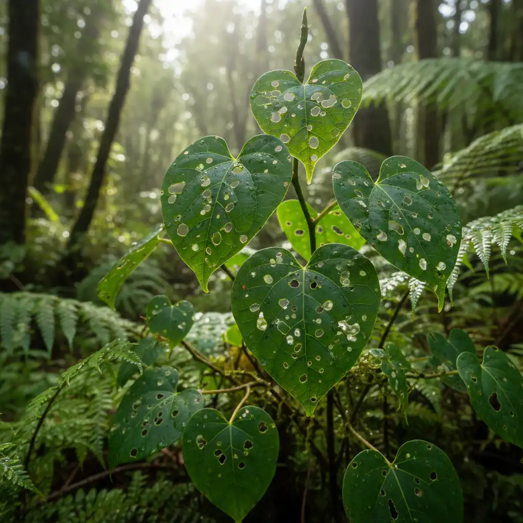 Kawakawa leaves with looper moth holes ready for harvest