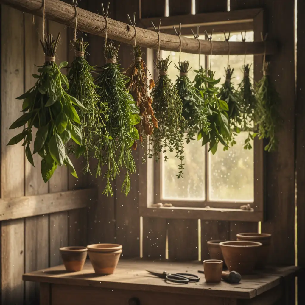 Herbs bundled and hanging to dry in a well-ventilated space