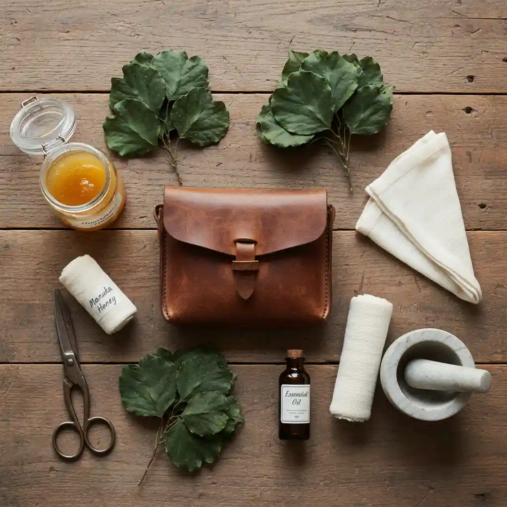 Natural herbal first aid kit components including Kawakawa and Manuka