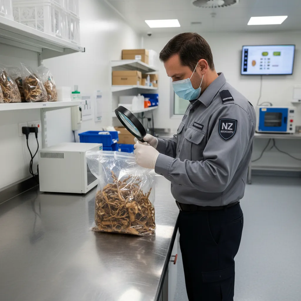 Biosecurity officer inspecting herbal imports