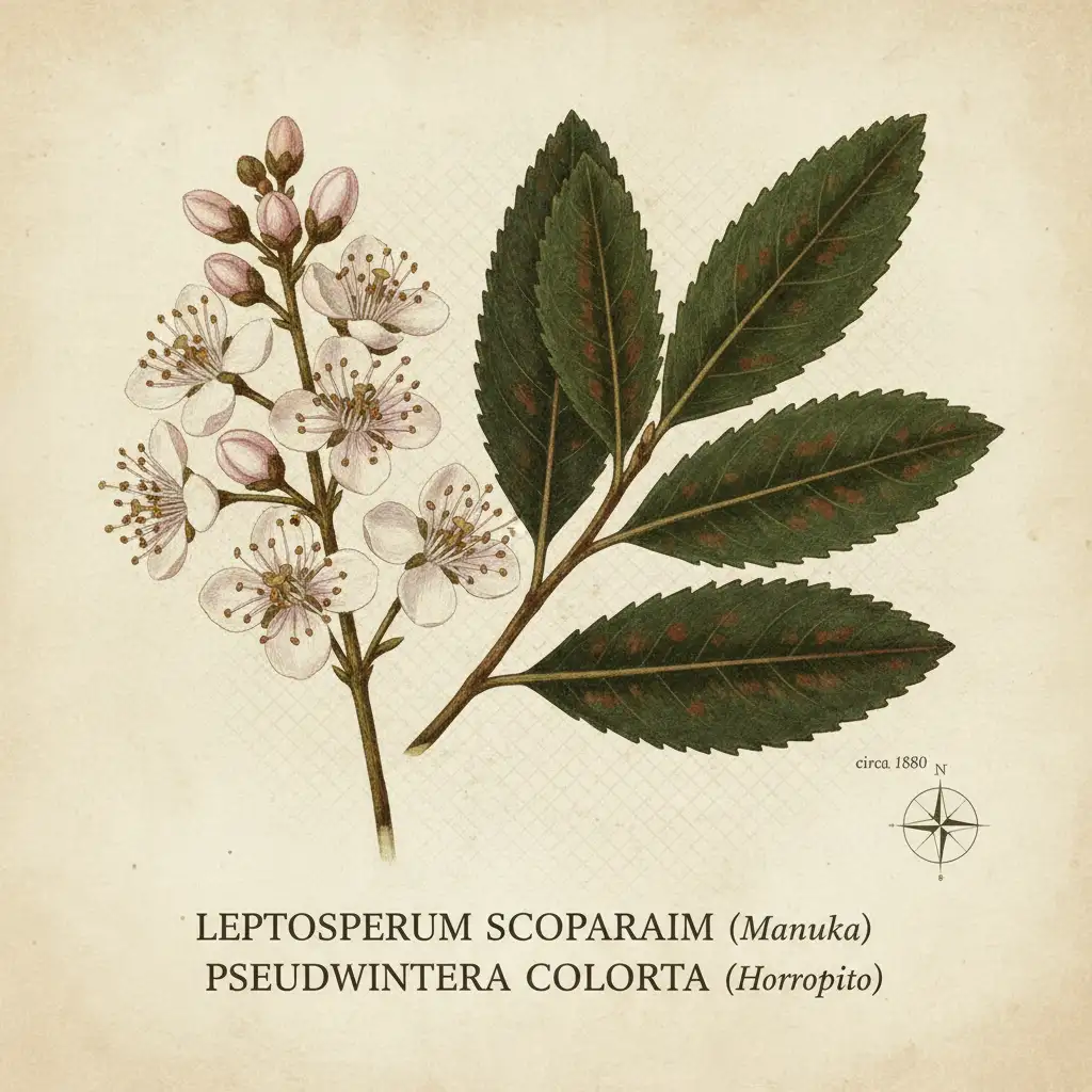 Vintage botanical illustration of Manuka and Horopito