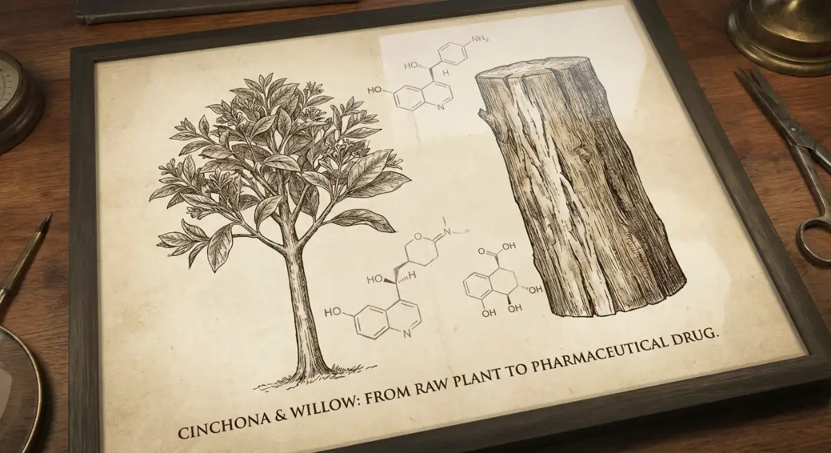 Botanical illustration of medicinal plants and chemical structures