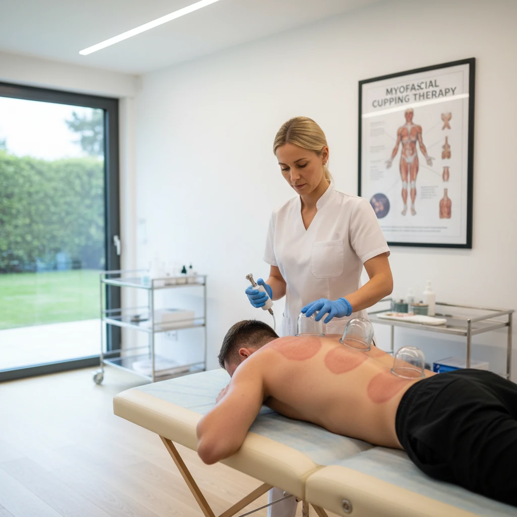 Professional application of dry cupping therapy on a patient's back