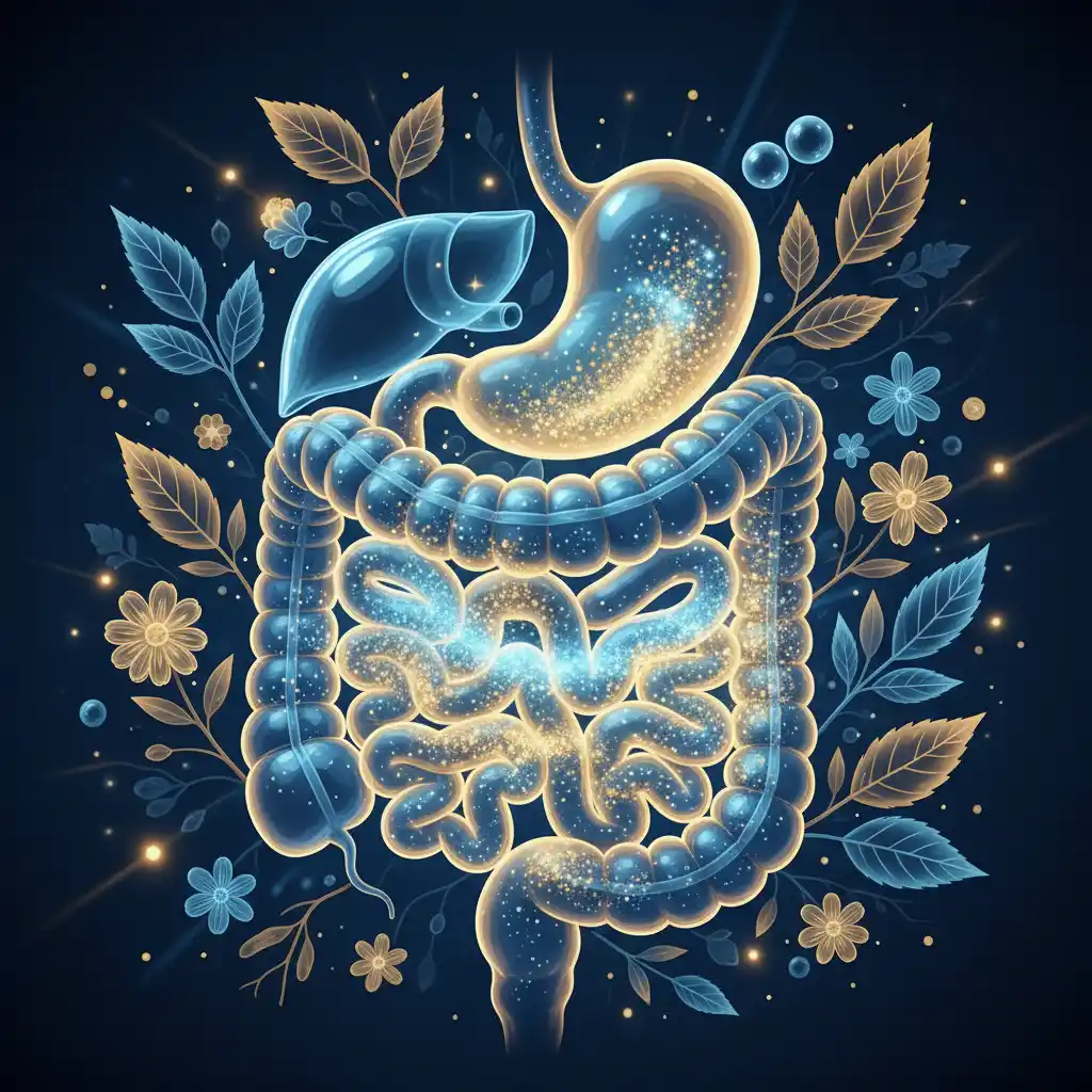 Illustration of Triphala's cleansing action in the human digestive tract