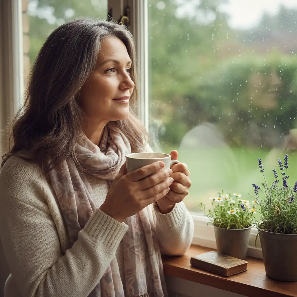 Woman enjoying herbal tea for menopause relief
