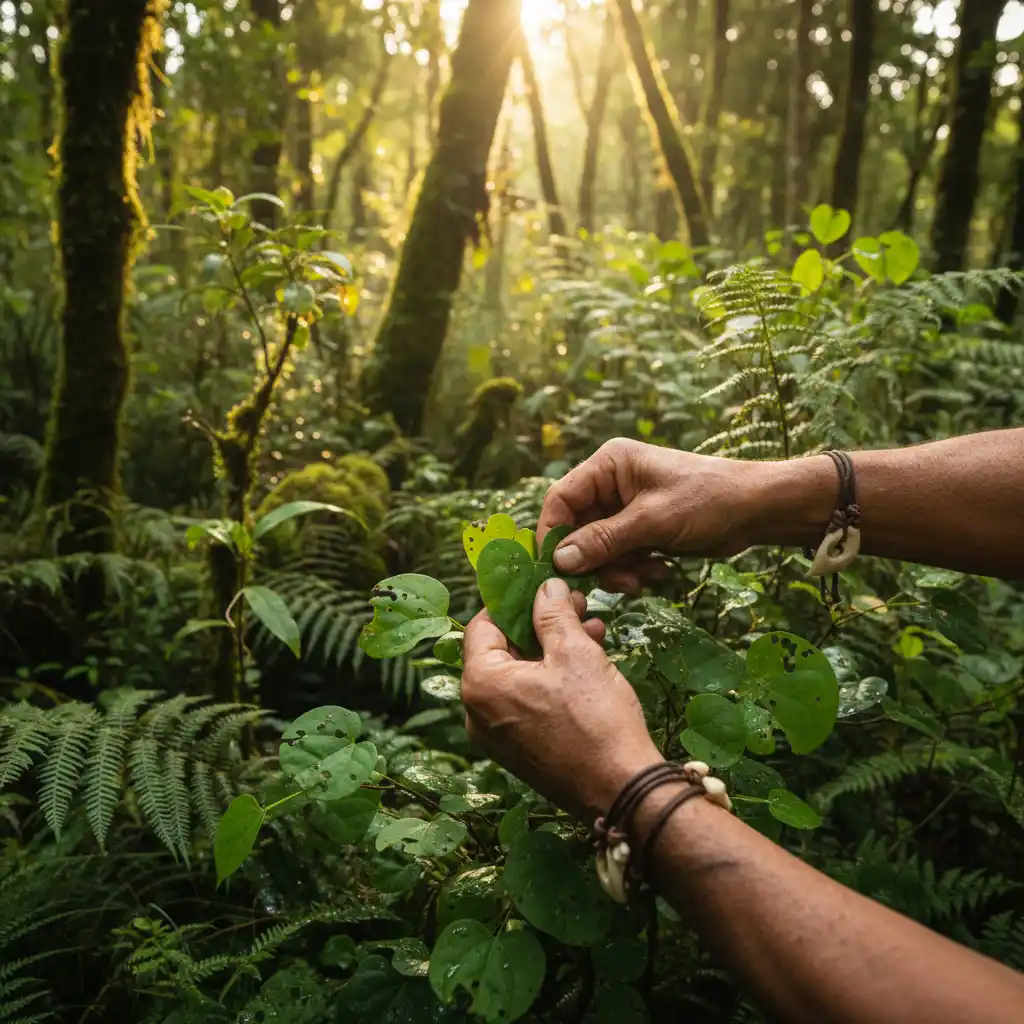 Rongoā practitioner harvesting Kawakawa with tikanga