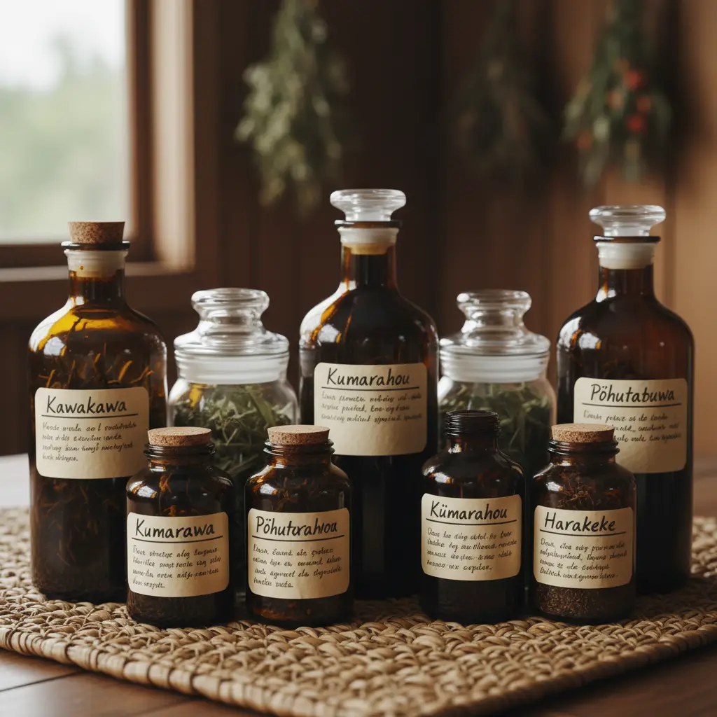 Bottles of Rongoā Māori herbal medicine on a woven mat