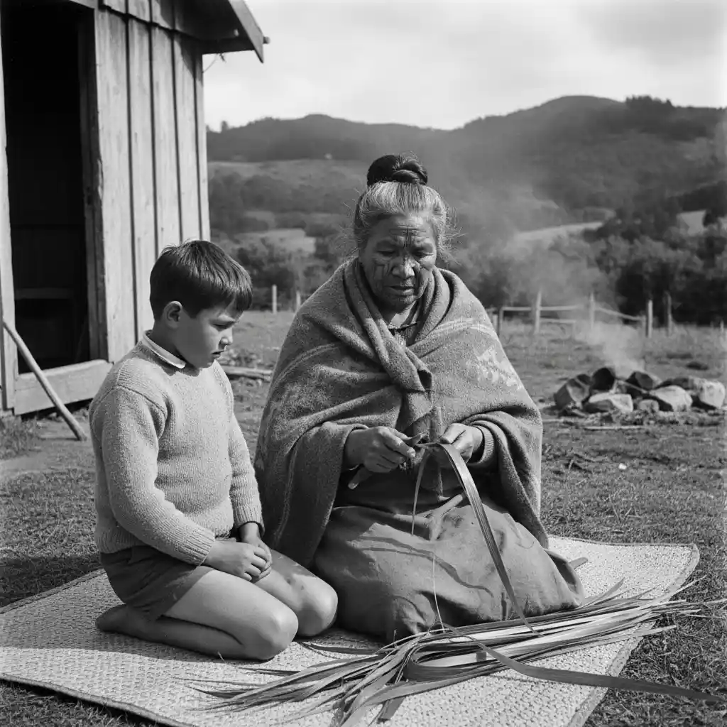 A Kuia passing down traditional knowledge to the younger generation in the mid-20th century