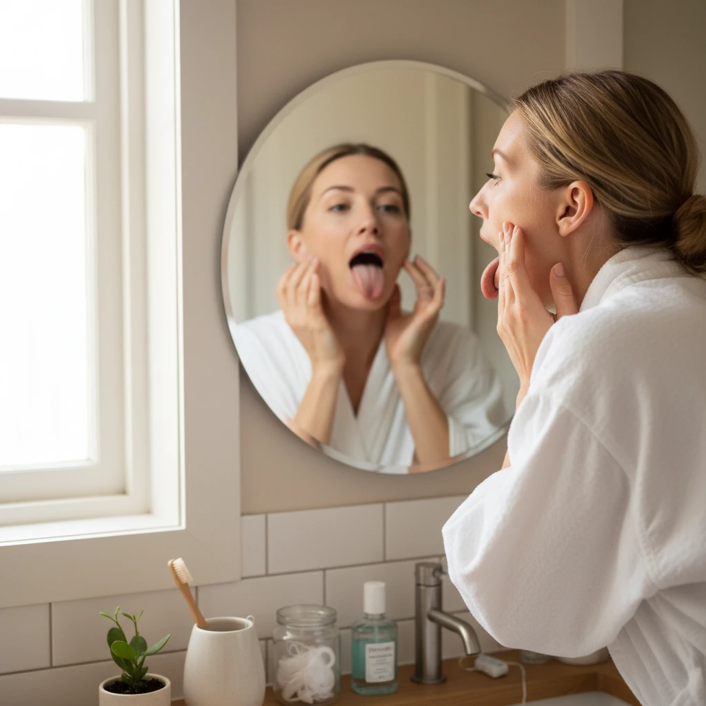 Woman performing a TCM tongue self-check