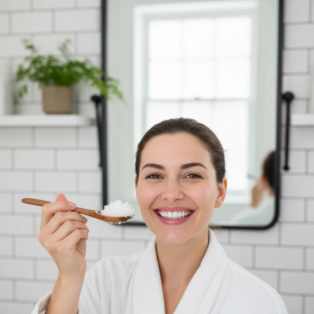 Person smiling with healthy teeth after oil pulling routine