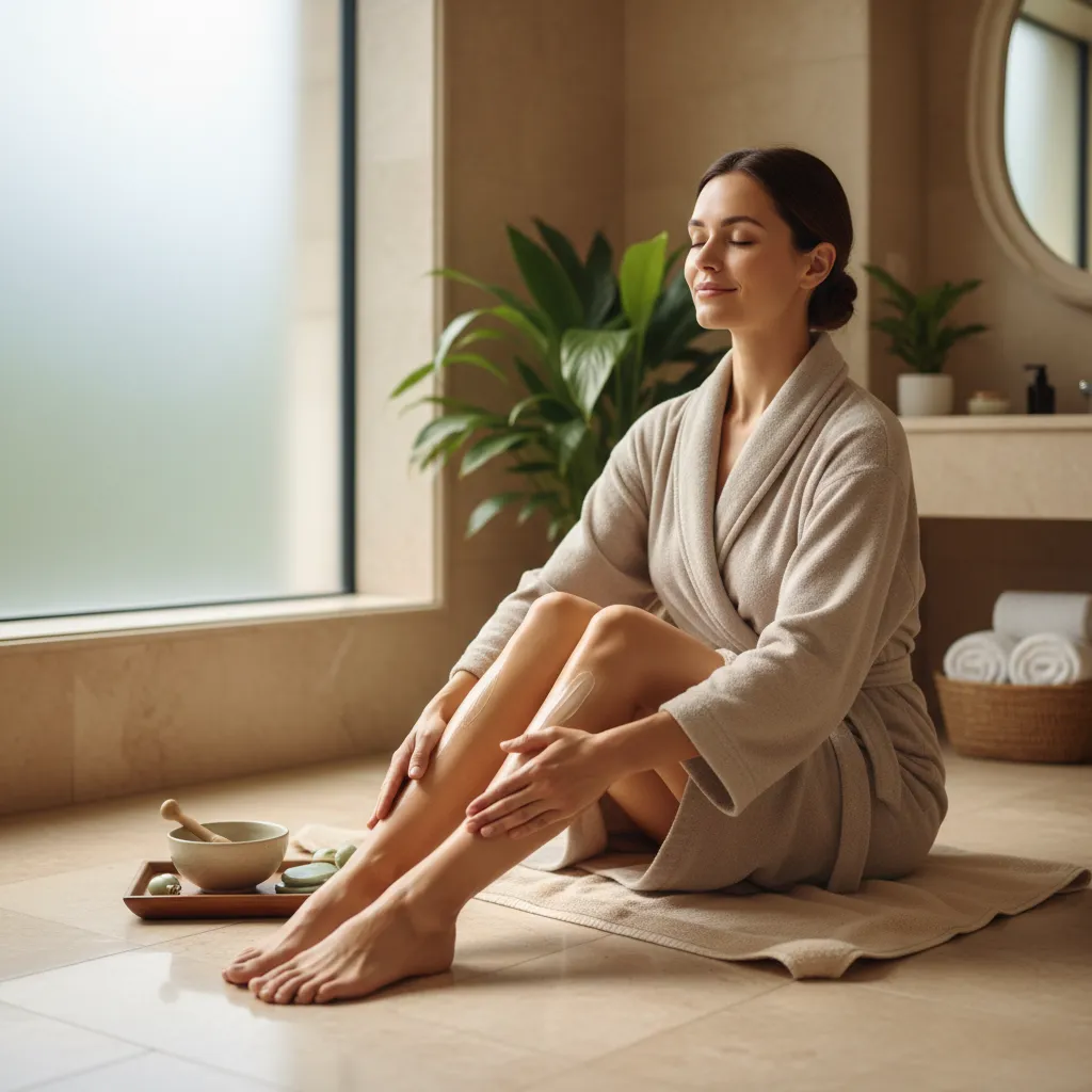 Woman performing Ayurvedic self-massage on legs