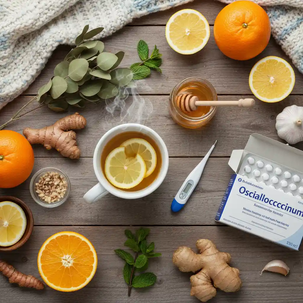 Natural flu remedies flat lay
