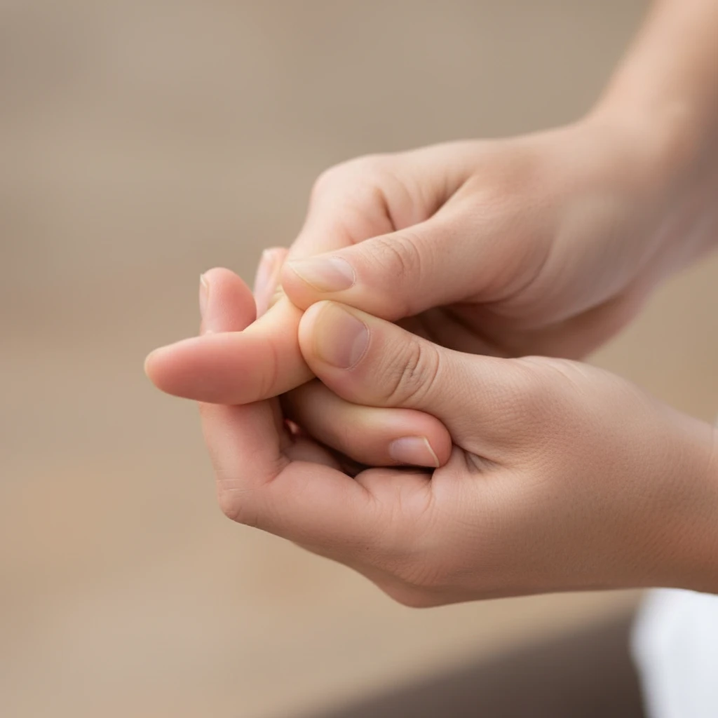 Applying pressure to the LI4 acupressure point for migraine relief