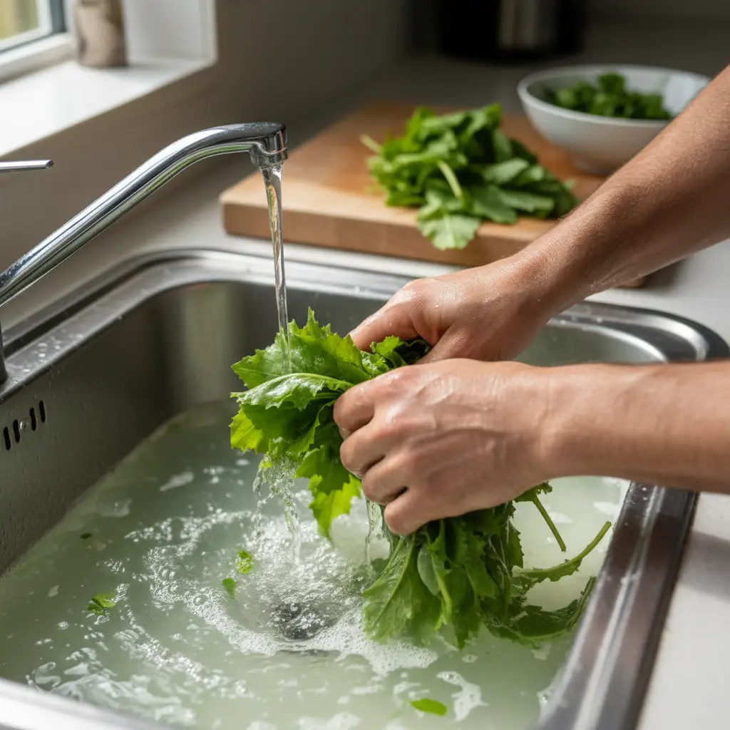 Rubbing Pūhā to remove bitter sap