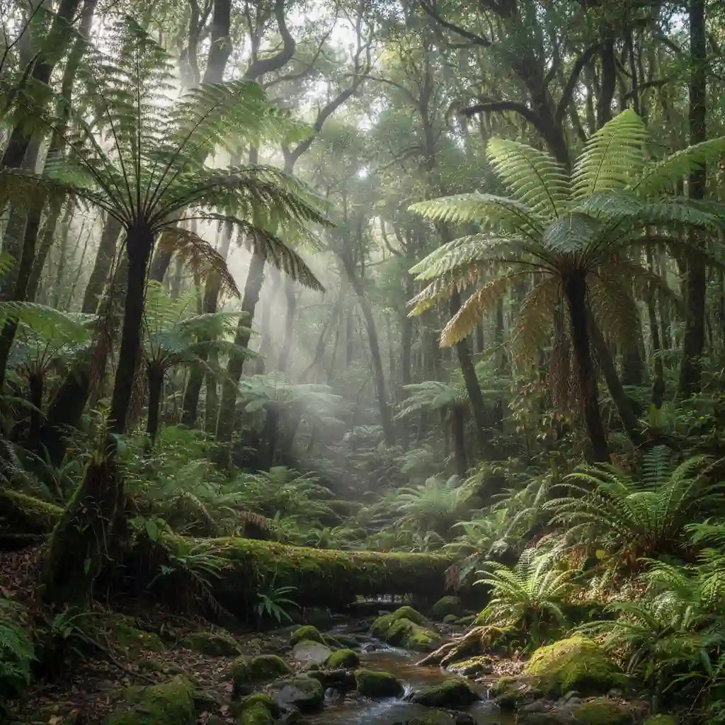 New Zealand native forest with Silver Ferns