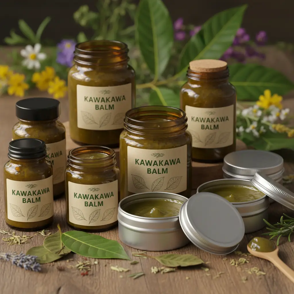 Finished Kawakawa balm in jars ready for use