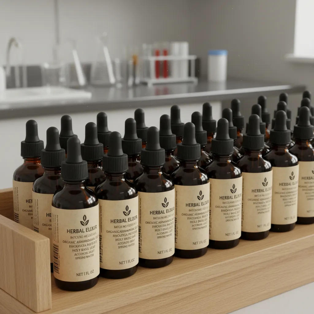 Professionally labeled herbal remedies with batch tracking info