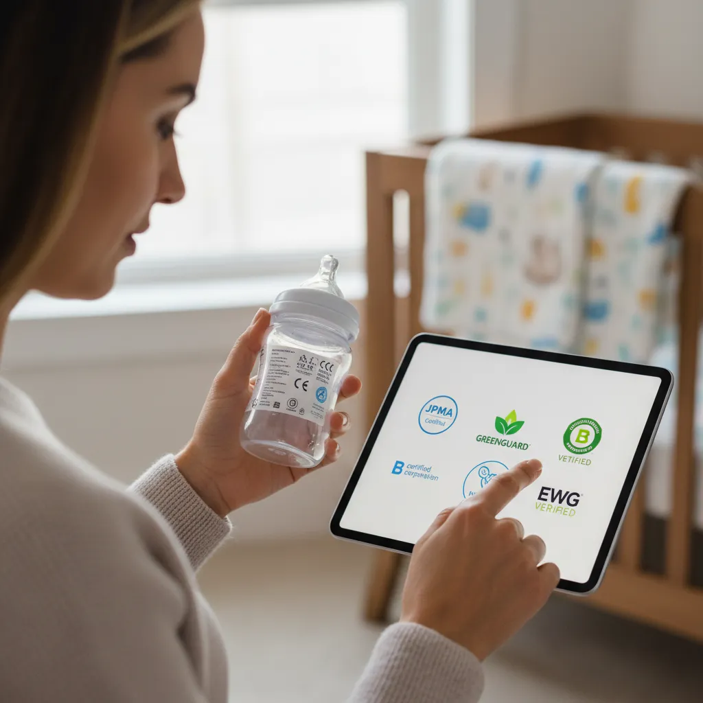 Parent verifying product safety certifications