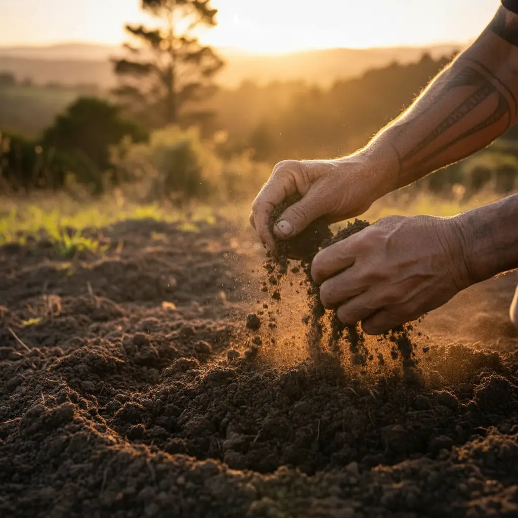 Elderly hands checking the mauri of the soil