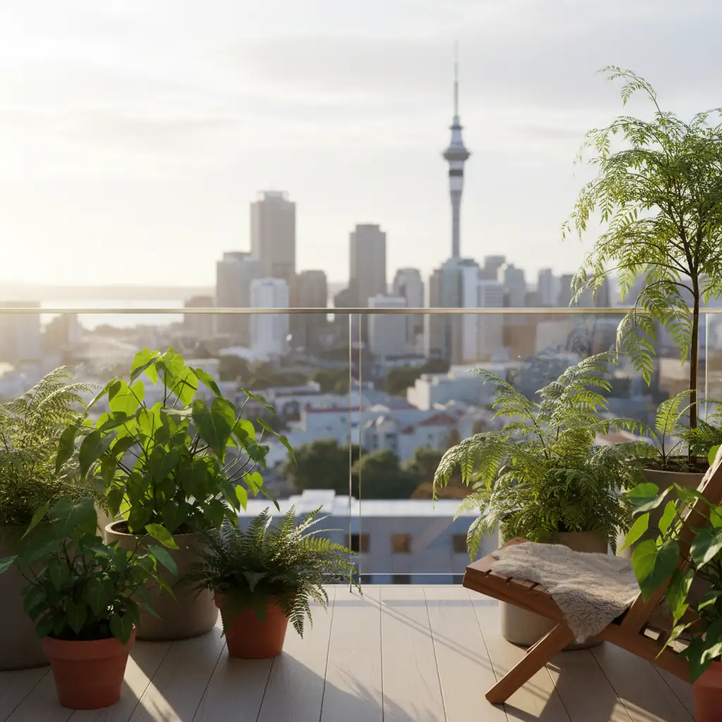 Small space native garden NZ on a city balcony with Kawakawa plants