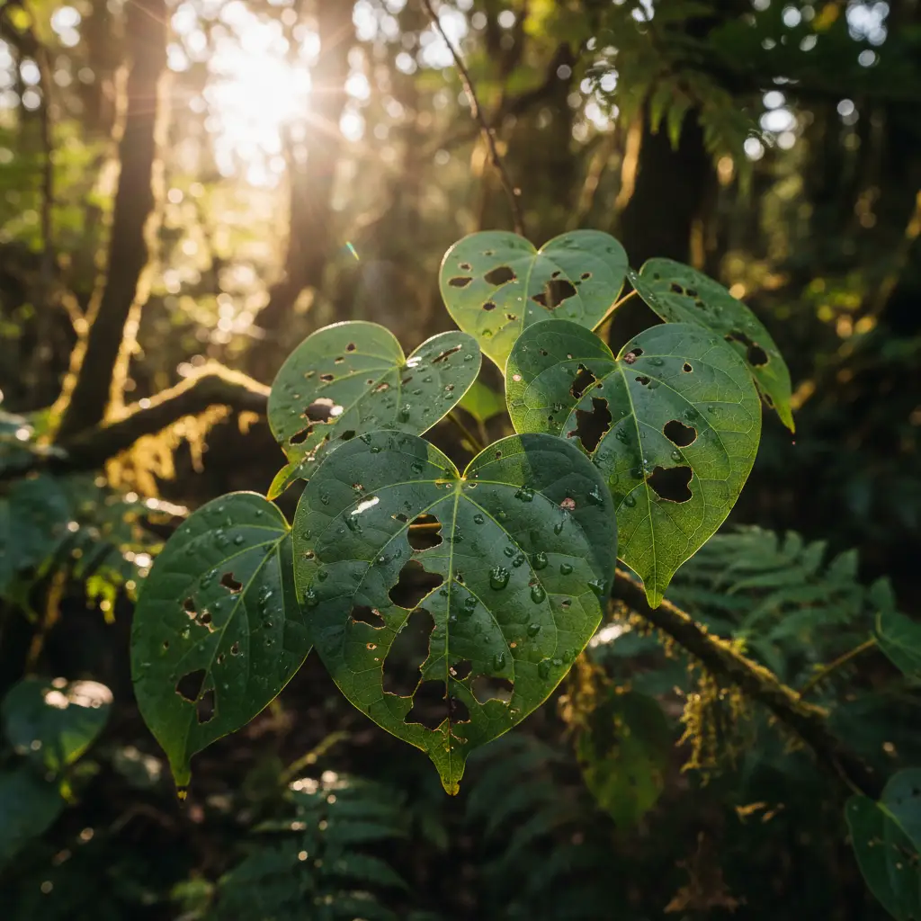 Kawakawa leaves with caterpillar holes growing in NZ native bush