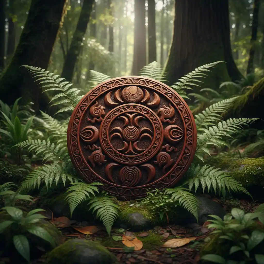 Traditional Maramataka lunar calendar dial in a forest setting