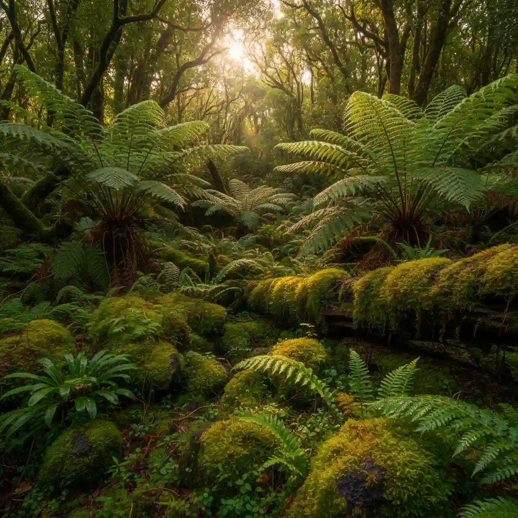 Lush New Zealand native forest floor featuring Mamaku ferns