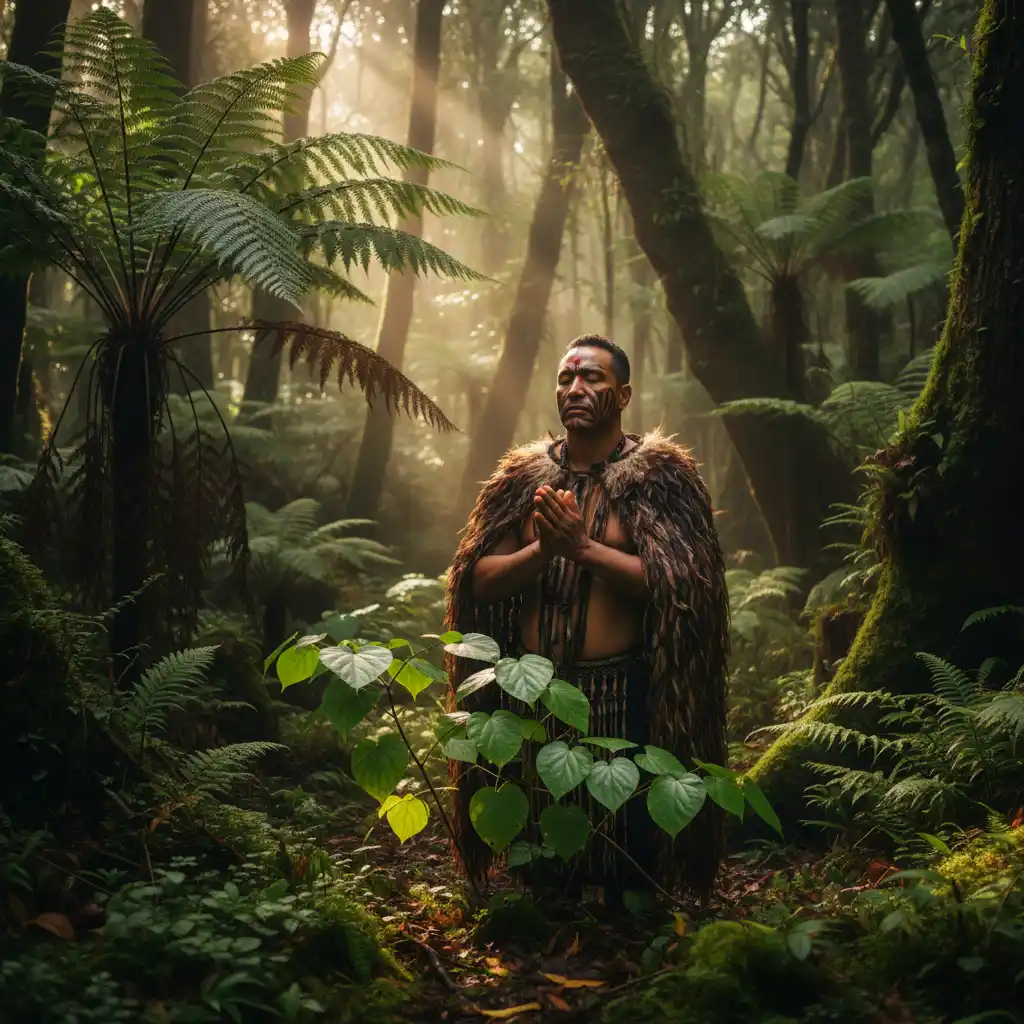 Practitioner performing karakia before harvesting authentic rongoa maori products