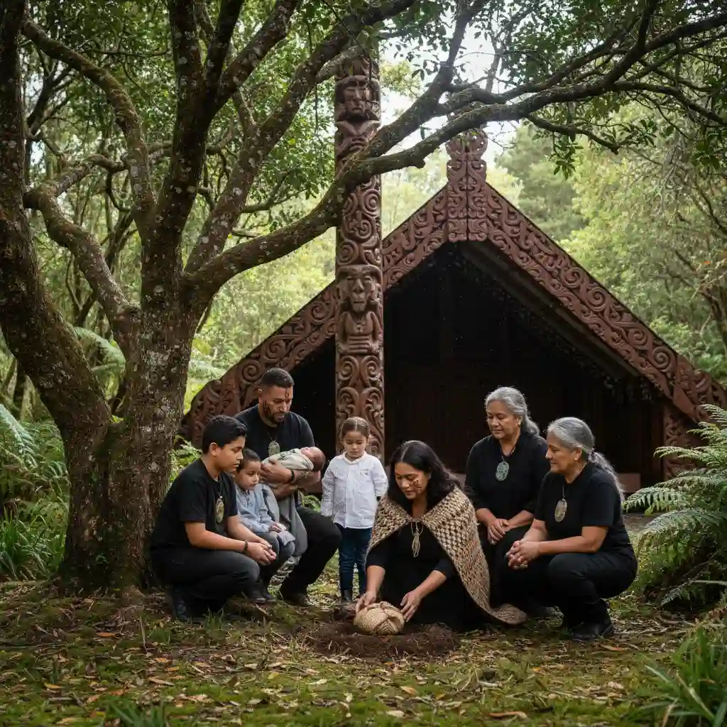 Māori family burying placenta with traditional ceremony