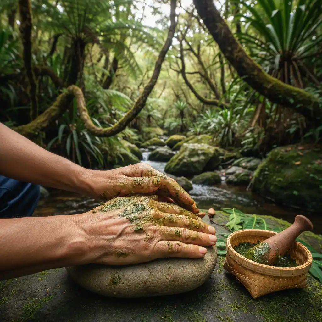 Elderly hands with arthritis receiving Rongoā Māori massage with herbal balm