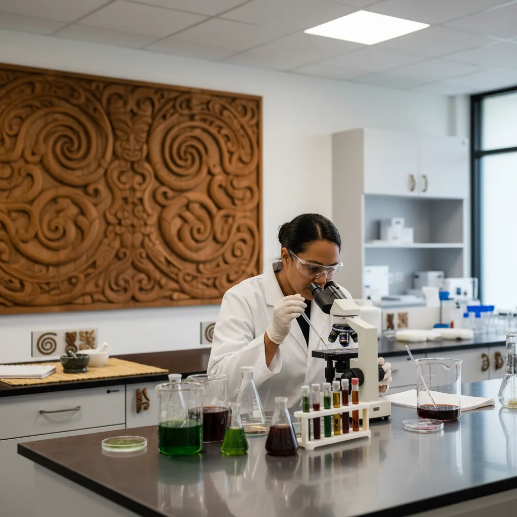 Scientist evaluating Rongoā Māori plant extracts for purity and potency