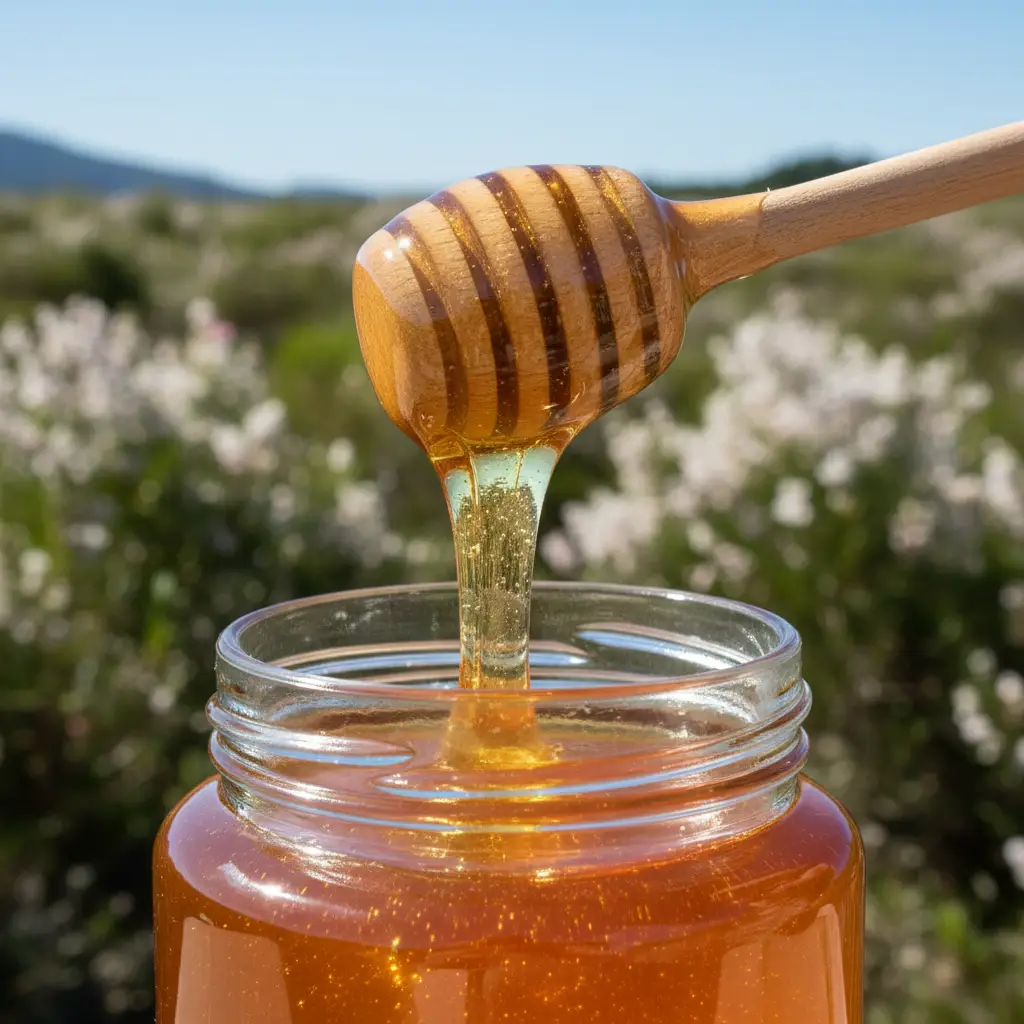 Golden Manuka honey being drizzled, showcasing its rich texture and natural purity