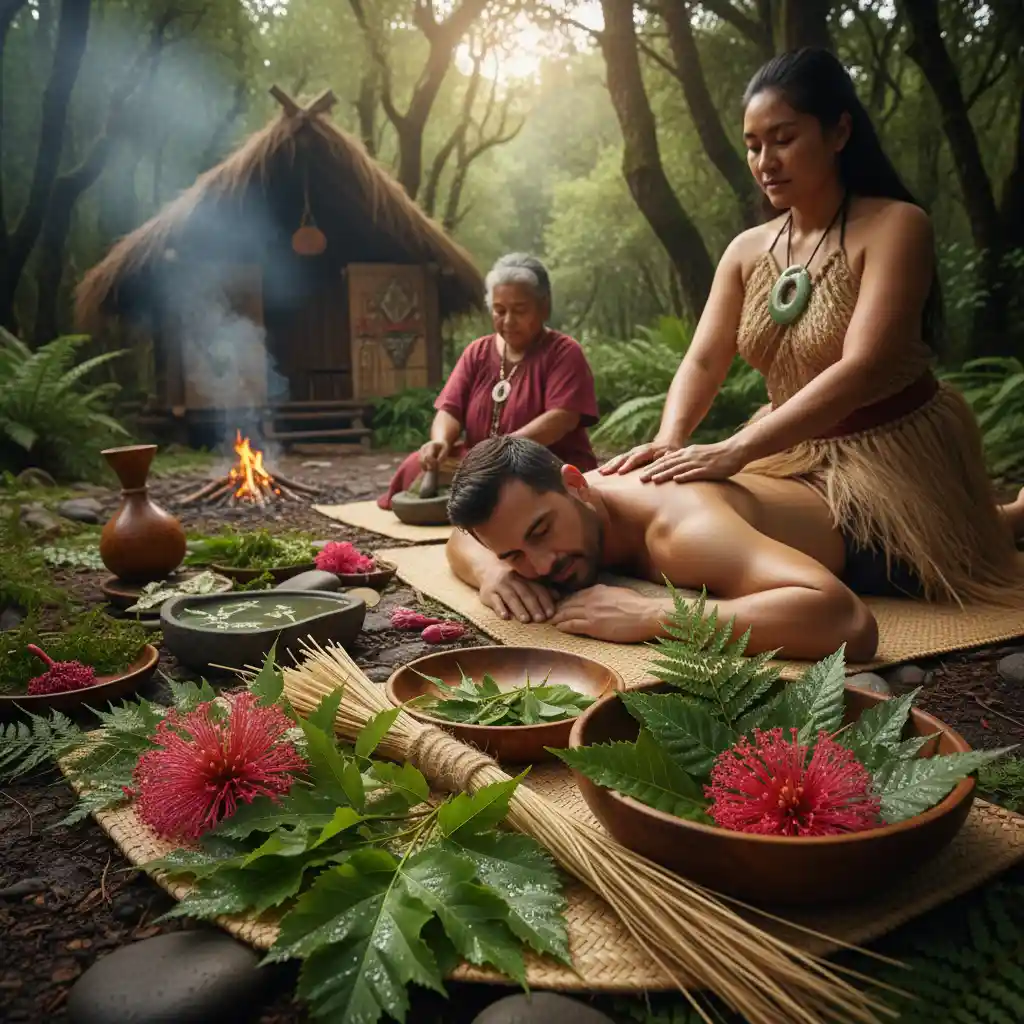 Traditional Rongoā Māori practitioner preparing herbal remedies