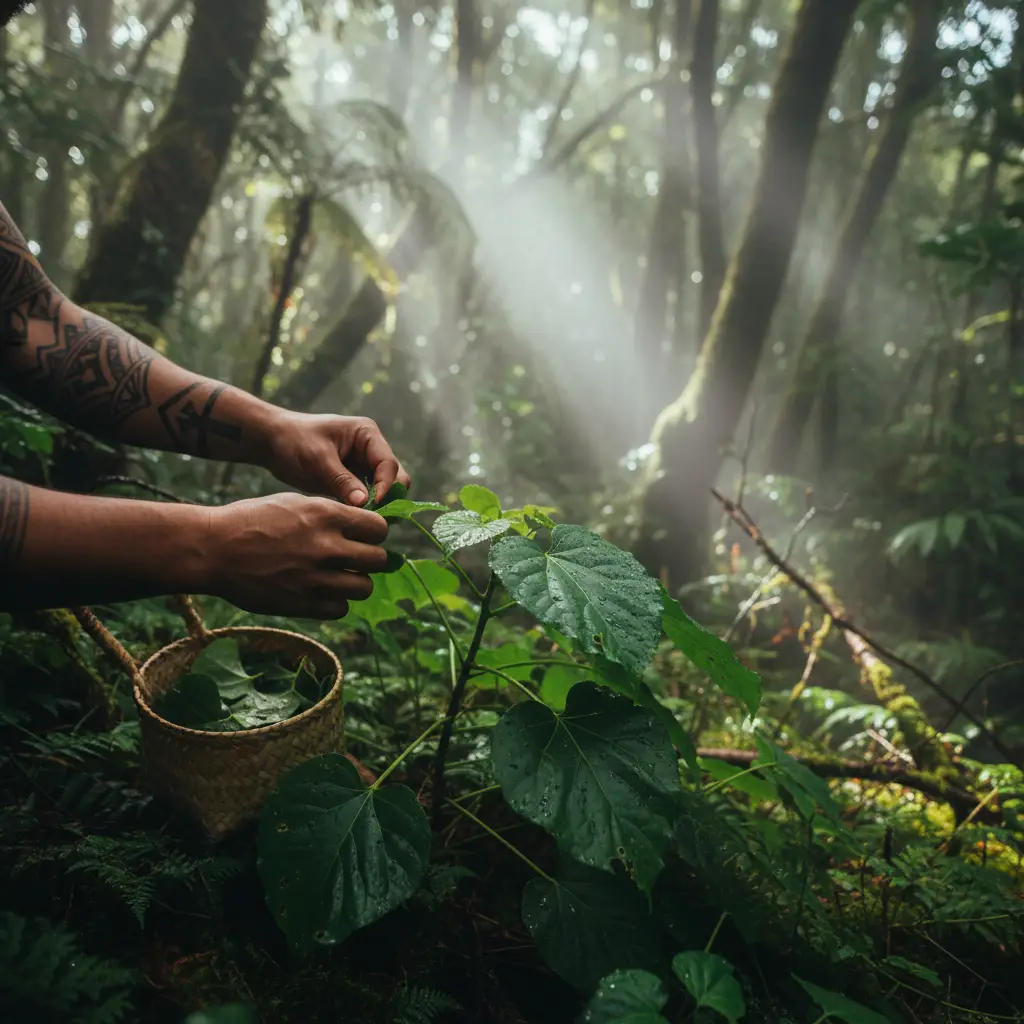 Māori Rongoā practitioner sustainably harvesting kawakawa leaves