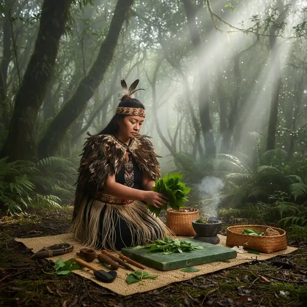 Traditional Māori healer preparing Rongoā Rākau in the New Zealand bush
