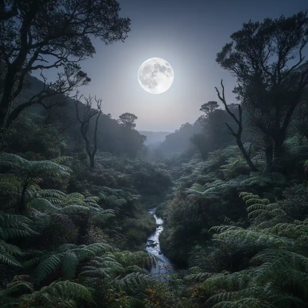 The full moon rising over New Zealand native bush illustrating Maramataka energy
